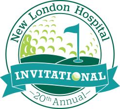 20th annual golf invitational logo with golf ball, banner, and flag pin